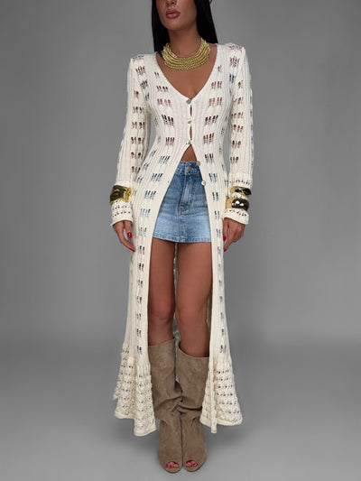Cardigan Long Crochet-Beige