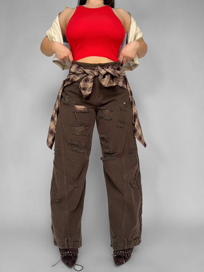 CURVY FIT - Jeans Brown Rip